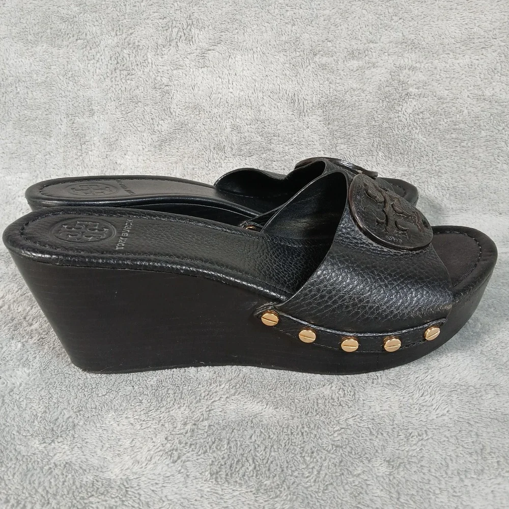 Tory Burch Wedge Sandals Womens 8M Miller Studded Clog Black Pebbled Leather